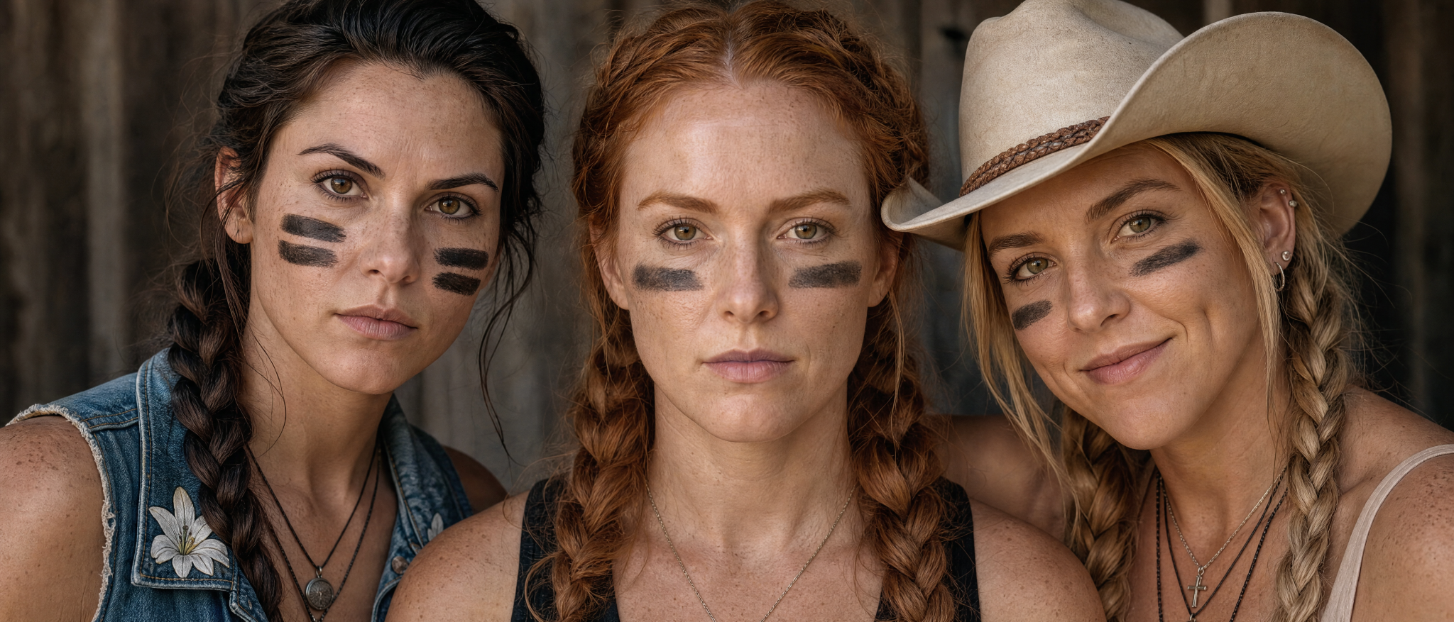 Madison, Kendra, and Cassie looking into the camera with black stripes beneath their eyes
