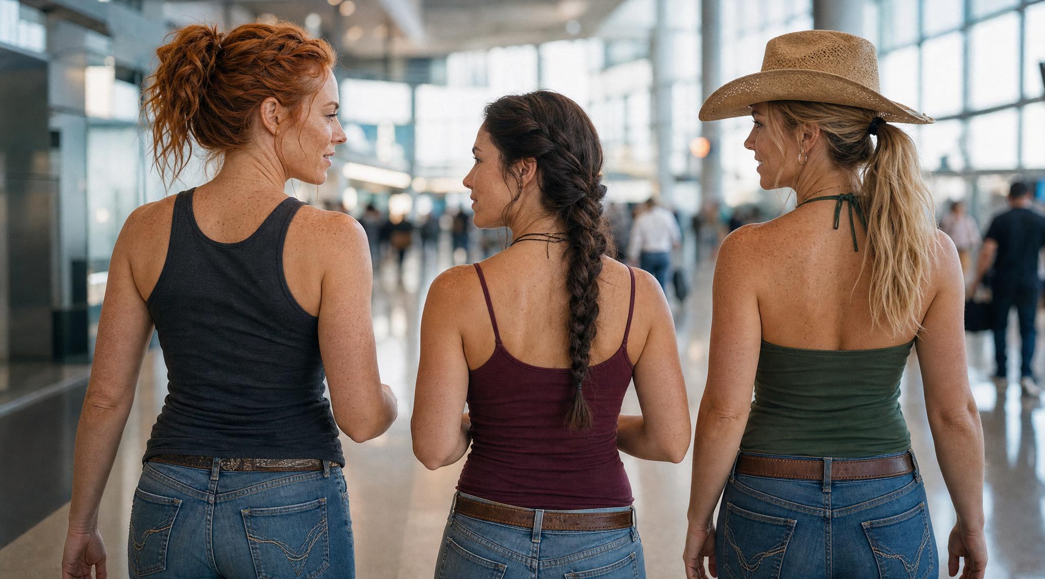 Madison, Kendra, and Cassandra traveling together through an airport terminal